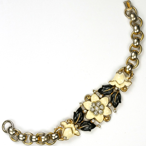 Trifari 'Alfred Philippe' Black and White Enamel Carnation and Lily Bracelet