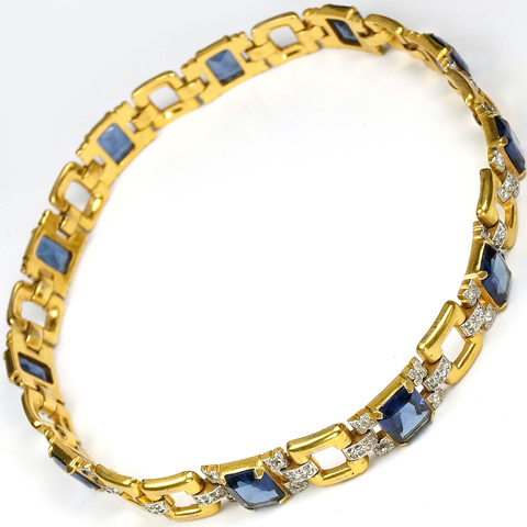Trifari (unsigned) Gold Squares with Pave and Sapphire Links Necklace