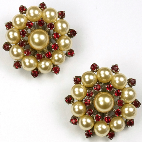 Trifari Sterling 'Alfred Philippe' Pearls and Rubies Starburst Button Clip Earrings