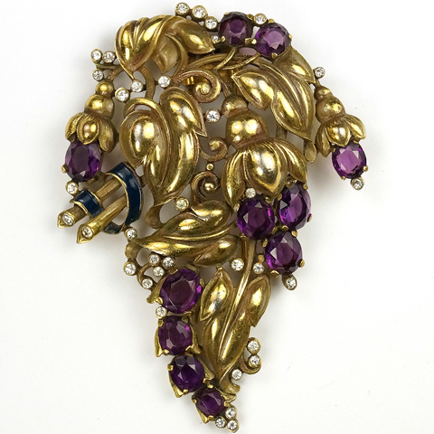 Trifari 'Alfred Philippe' Gold Amethyst and Blue Enamel Bell Flowers and Leaves Floral Spray Pin Clip