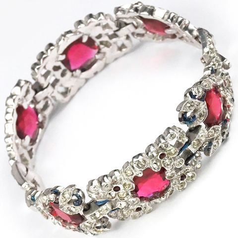 Trifari 'Alfred Philippe' Faceted Rubies with Pave and Enamel Scrolls and Flowers Bracelet