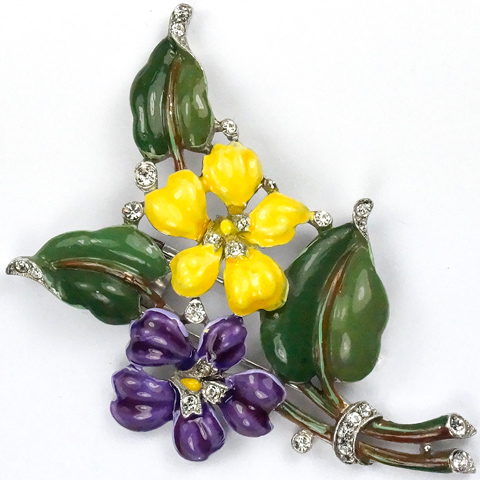 Trifari 'Alfred Philippe' Violet and Yellow Pansy Floral Spray Pin Clip