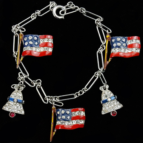 Trifari 'Alfred Philippe' WW2 US Patriotic Pave and Enamel Stars and Stripes Flags and Liberty Bells Bracelet