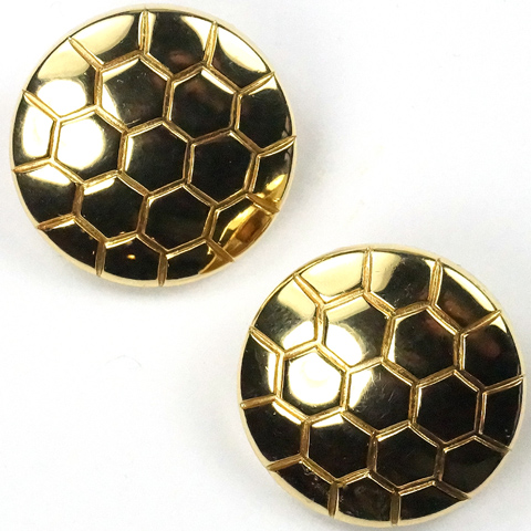 Trifari 'Alfred Philippe' Hexagonal Tesselated Golden Disc Clip Earrings