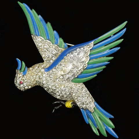 KTF Trifari 'Alfred Philippe' Pave and Enamel Flapping Parakeet on a Branch Pin