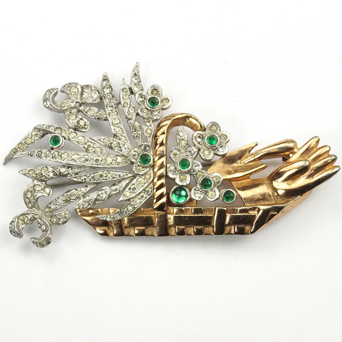 KTF Trifari Pave Flowers and Gardening Glove and Trowel in a Golden Basket Pin