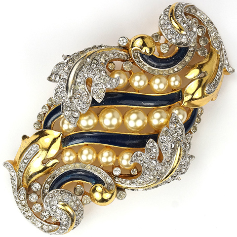 Trifari 'Alfred Philippe' 'Empress Eugenie' Gold Pave Pearls and Blue Enamel Double Leaf Swirl Pin