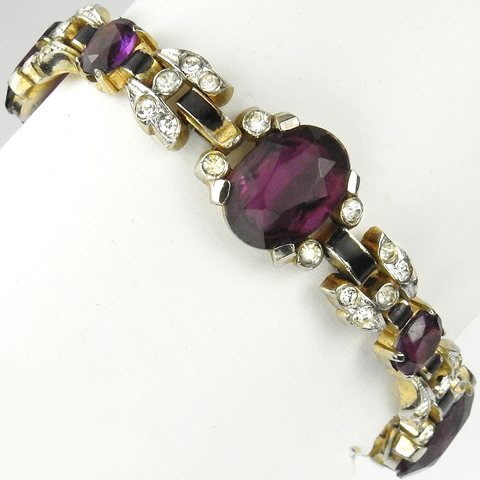 Trifari 'Alfred Philippe' 'Empress' Pave Leaves Four Large and Four Small Oval Amethysts and Black Enamel Link Bracelet