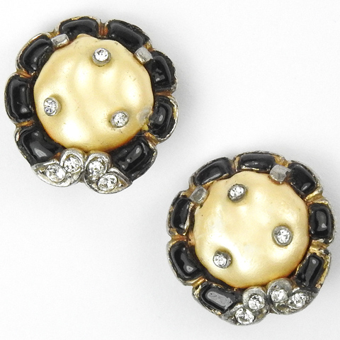 Trifari 'Alfred Philippe' Pave Black Enamel and Pearl Ming Button Clip Earrings