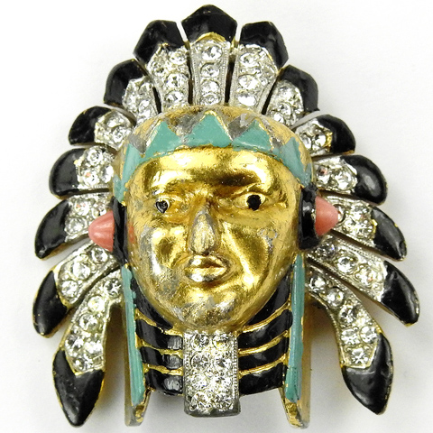 Trifari 'Alfred Philippe' Pave and Enamel North American Indian Chieftain's Head Pin Clip