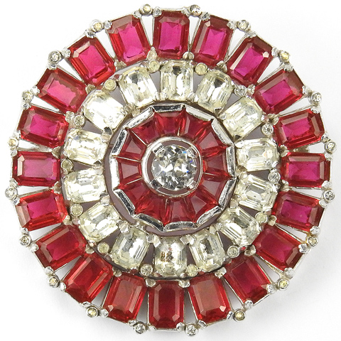 KTF Trifari 'Alfred Philippe' Ruby Baguettes and Diamante Pinwheel Circle Pin