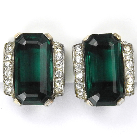 Trifari Sterling 'Alfred Philippe' Deco Pave and Emerald Clip Earrings