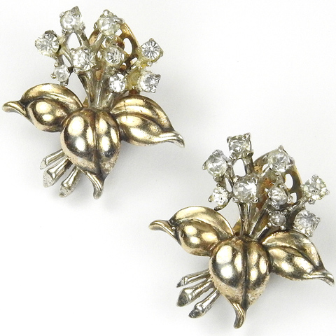 Trifari Sterling 'Alfred Philippe' Gold Leaves and Spangled Flowers Clip Earrings