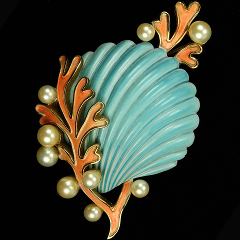 Trifari 'Alfred Philippe' Pearls and Angel Coral Blue Scallop Seashell Pin 