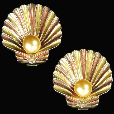 Trifari 'Alfred Philippe' Pearl in a Yellow and Rose Gold Seashell Clip Earrings