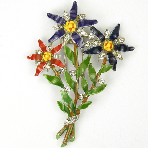 Trifari 'Alfred Philippe' Red Violet and Blue Enamelled Star Flowers Pin Clip