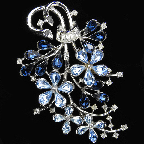 Trifari 'Alfred Philippe' Silver Sapphire Blue Topaz and Diamante Baguettes Floral Spray Pin