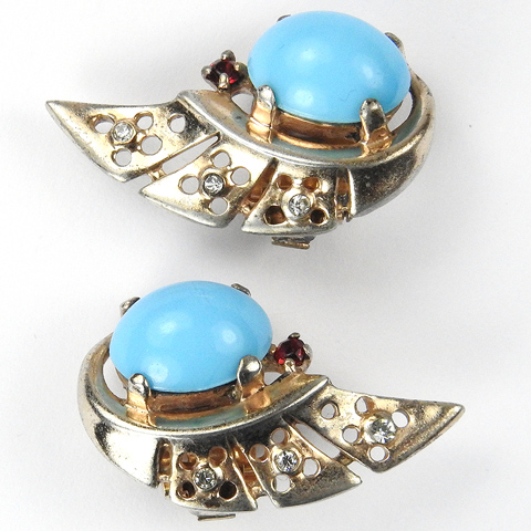 Trifari Sterling 'Alfred Philippe' Gold and Turquoise Cabochon Swirl Clip Earrings