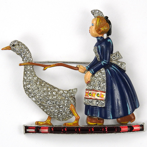 Trifari 'Joseph Wuyts' Pave Enamel and Invisibly Set Rubies Dutch Girl Herding a Goose Pin