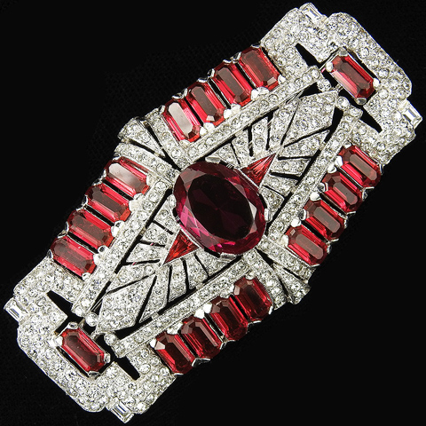 KTF Trifari 'Alfred Philippe' Deco Pave Diamante and Rubies Openwork Oblong Starburst Bar Pin