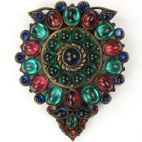 KTF Trifari 'Alfred Philippe' 1930s Jewels of India Gold Emerald Ruby and Sapphire Cabochons Shield Dress Clip