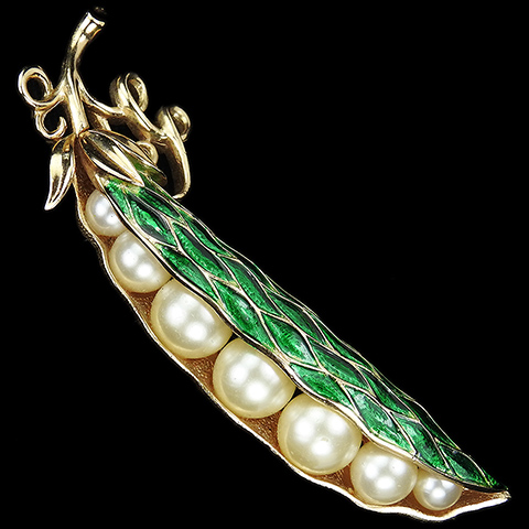 Trifari Gold Pearls and Green Enamel Peas in the Pod Peapod Pin