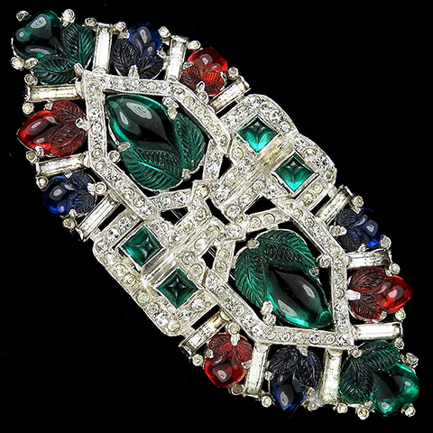 KTF Trifari 'Alfred Philippe' 1930s Jewels of India Pave Baguettes and Tricolour Fruit Salads Hexagon Bar Pin