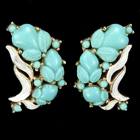 Trifari 'Alfred Philippe' Turquoise Fruit Salads and White Enamel Flower Clip Earrings