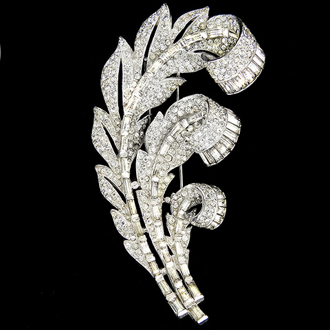 Trifari 'Alfred Philippe' Pave and Baguettes Triple Spray Three Feathers or Leaves Pin Clip