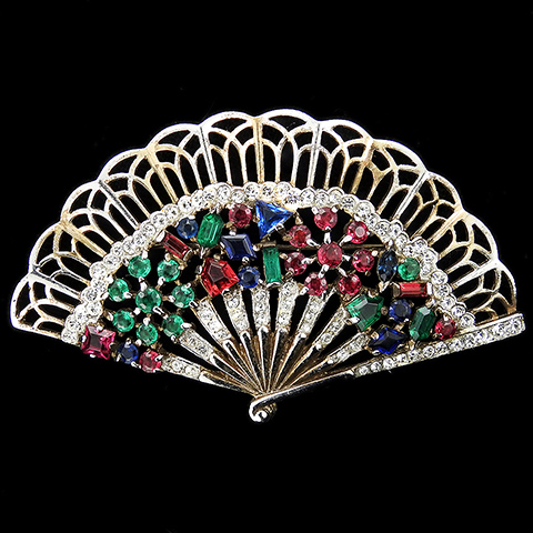Trifari Sterling 'Alfred Philippe' 'Riviera' Series Tricolour Flower Pattern and Openwork Fan Pin