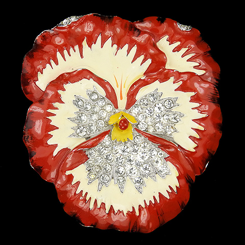 Trifari 'Alfred Philippe' 'Rue de la Paix' Pave and Enamel Red and Cream Pansy Flower Pin Clip
