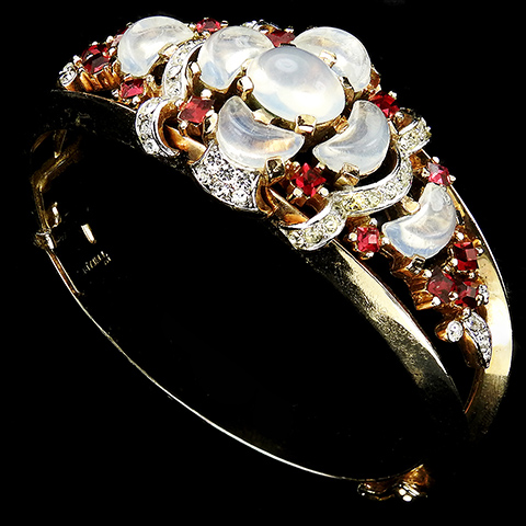 Trifari 'Alfred Philippe' 'Clair de Lune' Gold Pave Moonstone Demilunes and Ruby Spangles Bangle Bracelet