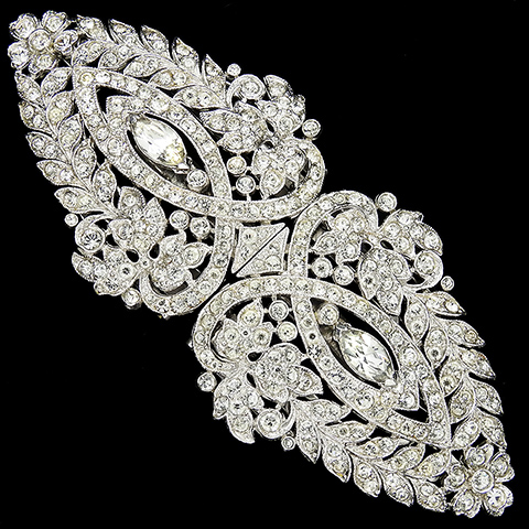 Trifari 'Alfred Philippe' Deco Pave Leaves and Scrolls Pair of Dress Clips or Clipmate Pin