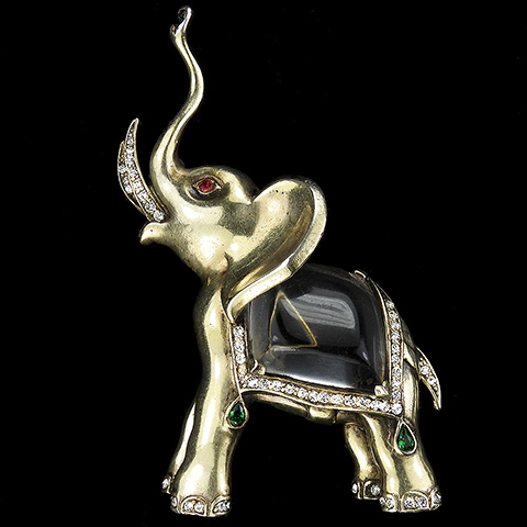 Trifari Sterling 'Alfred Philippe' Gold Pave and Emeralds Jelly Belly Elephant Pin