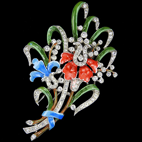 Trifari 'Alfred Philippe' Pave Red and Royal Blue Enamel Floral Spray Pin Clip