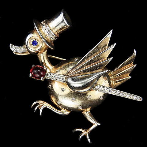 Trifari Sterling 'Alfred Philippe' Top Hatted Spangled Duck with Ruby and Pave Cane Bird Pin