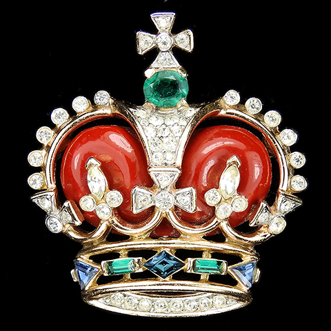 Trifari 'Alfred Philippe' 'Coronation Gems' Gold Pave and Red Enamel Royal Crown Pin
