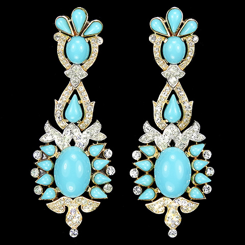 Trifari 'Alfred Philippe' 1960s Jewels of India Gold Pave and Turquoise Cabochons Giant Pendant Clip Earrings