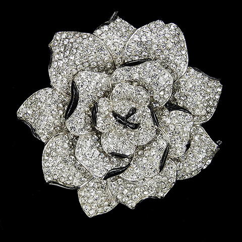 KTF Trifari 'Alfred Philippe' Pave and Black Enamel Blooming Anemone or Rose Flower Pin Clip