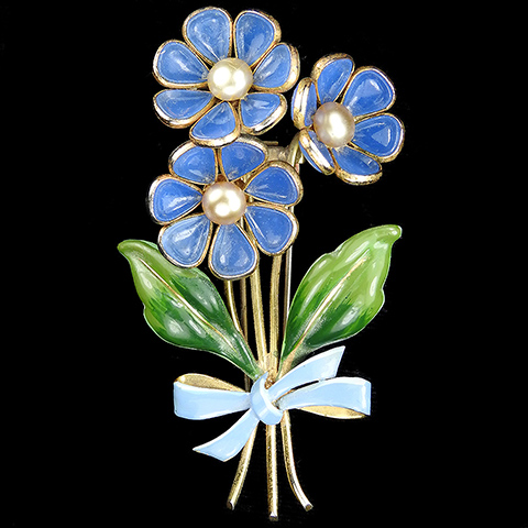 Trifari 'Alfred Philippe' Gold Pearls Enamel Leaves and Blue Poured Glass Three Flower Floral Spray with Bow Pin Clip