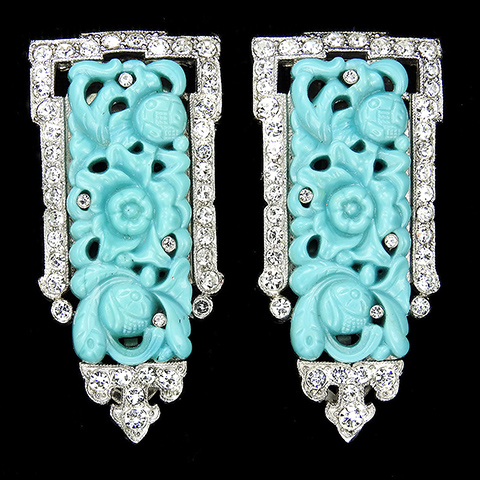KTF Trifari 'Alfred Philippe' 1930s Ming Series Pave and Blue Jade Pair of Dress Clips