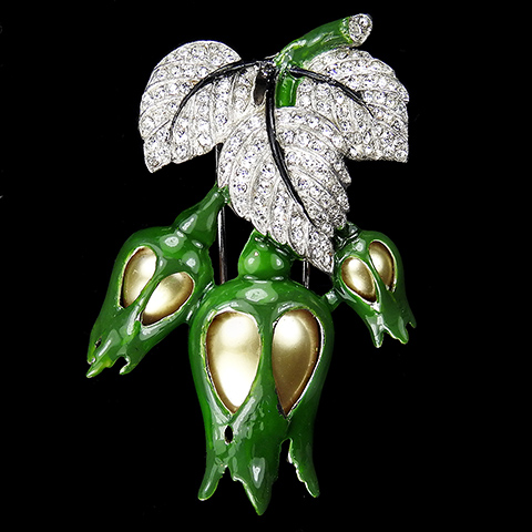 Trifari 'Alfred Philippe' Pearl and Enamel Triple White Rosebuds and Pave Leaf Pin Clip