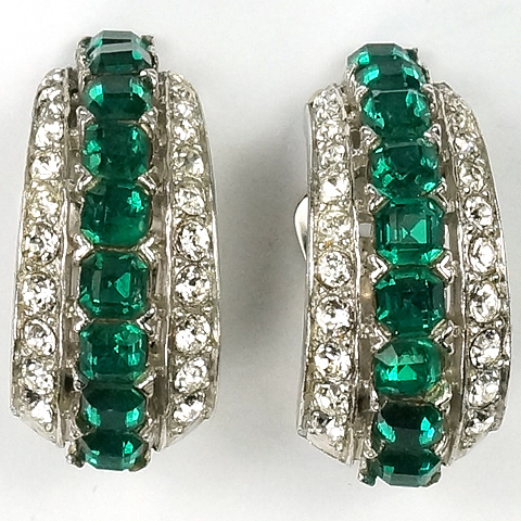 MB Boucher Pave and Emeralds Deco Style Crescent Clip Earrings