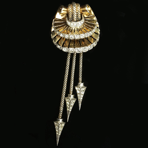 MB Boucher Sterling Double Gold Fan-shaped Scrolls and Triple Pendant Arrows Pin Clip