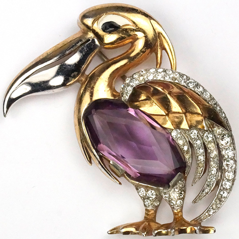 MB Boucher Gold Pave and Faceted Amethyst Pelican Pin