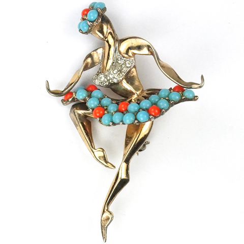 MB Boucher Sterling Gold Pave Turquoise and Coral Garlanded Dancing Ballerina Pin