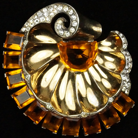 MB Boucher Sterling Gold Pave and Square Cut Topaz Seashell Pin Clip