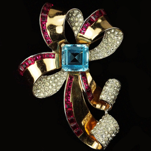MB Boucher Gold Pave Invisibly Set Rubies and Square Cut Aquamarine Deco Bowknot Pin