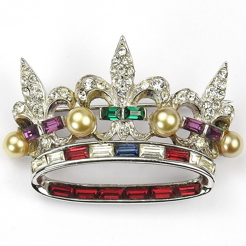 MB Boucher Pave Fleurs de Lys Multicolour Stones and Pearls Coronation Coronet Crown Pin