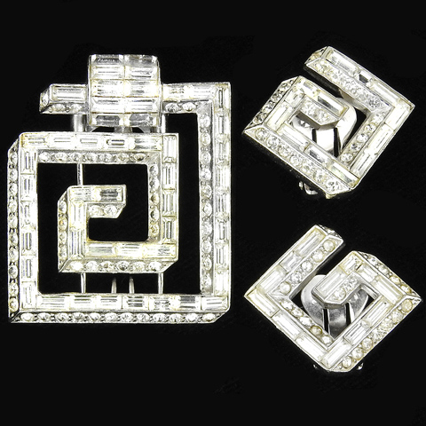 MB Boucher Diamante Baguette 'Greek Key' Maze Pattern Pin Clip and Clip Earrings Set
